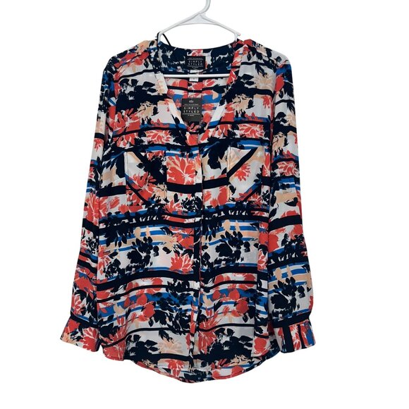 Simply Styled Womens Multicolored Button Down Top Blouse XL Long Roll Tap Sleeve - Picture 2 of 16